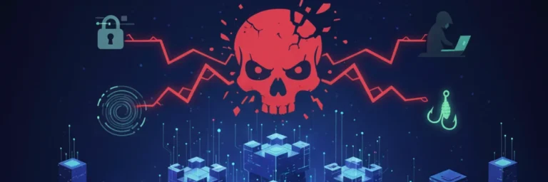 Illustration de cybersécurité avec crâne et ville numérique