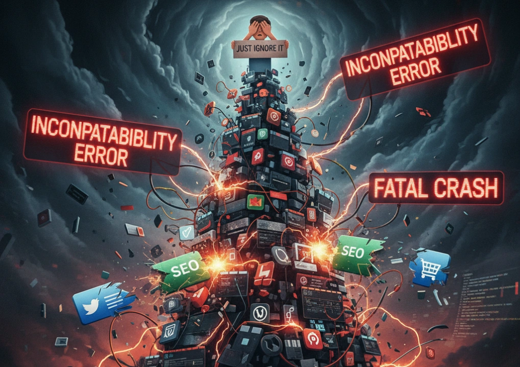 Chaotic digital error storm with floating tech symbols