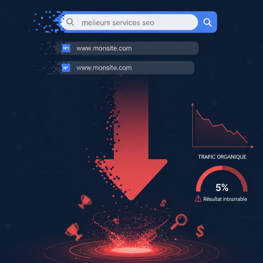 Graphique de baisse du trafic SEO avec flèche descendante