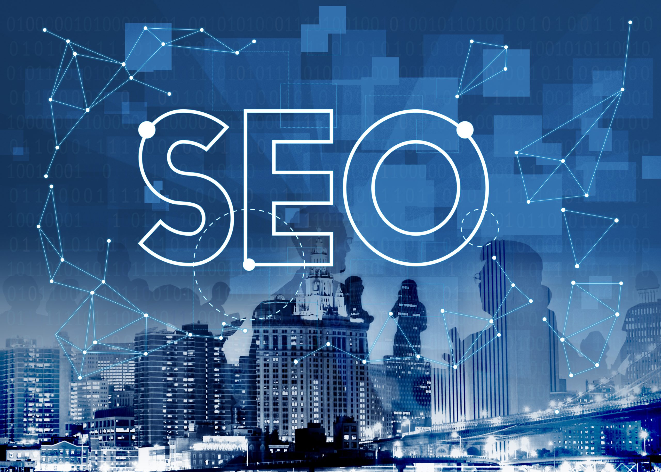 Visuel urbain avec icônes et texte SEO