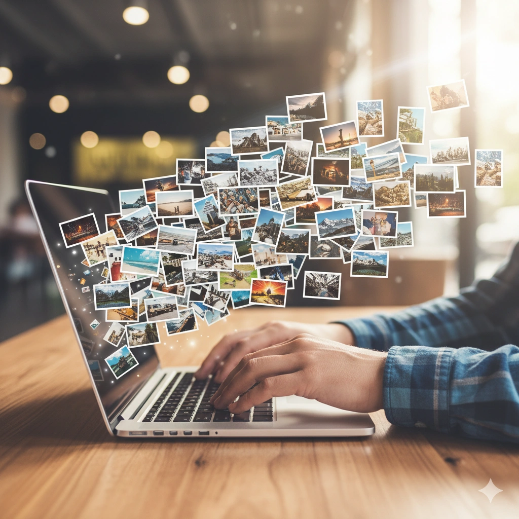 Personne utilisant un ordinateur avec photos volantes