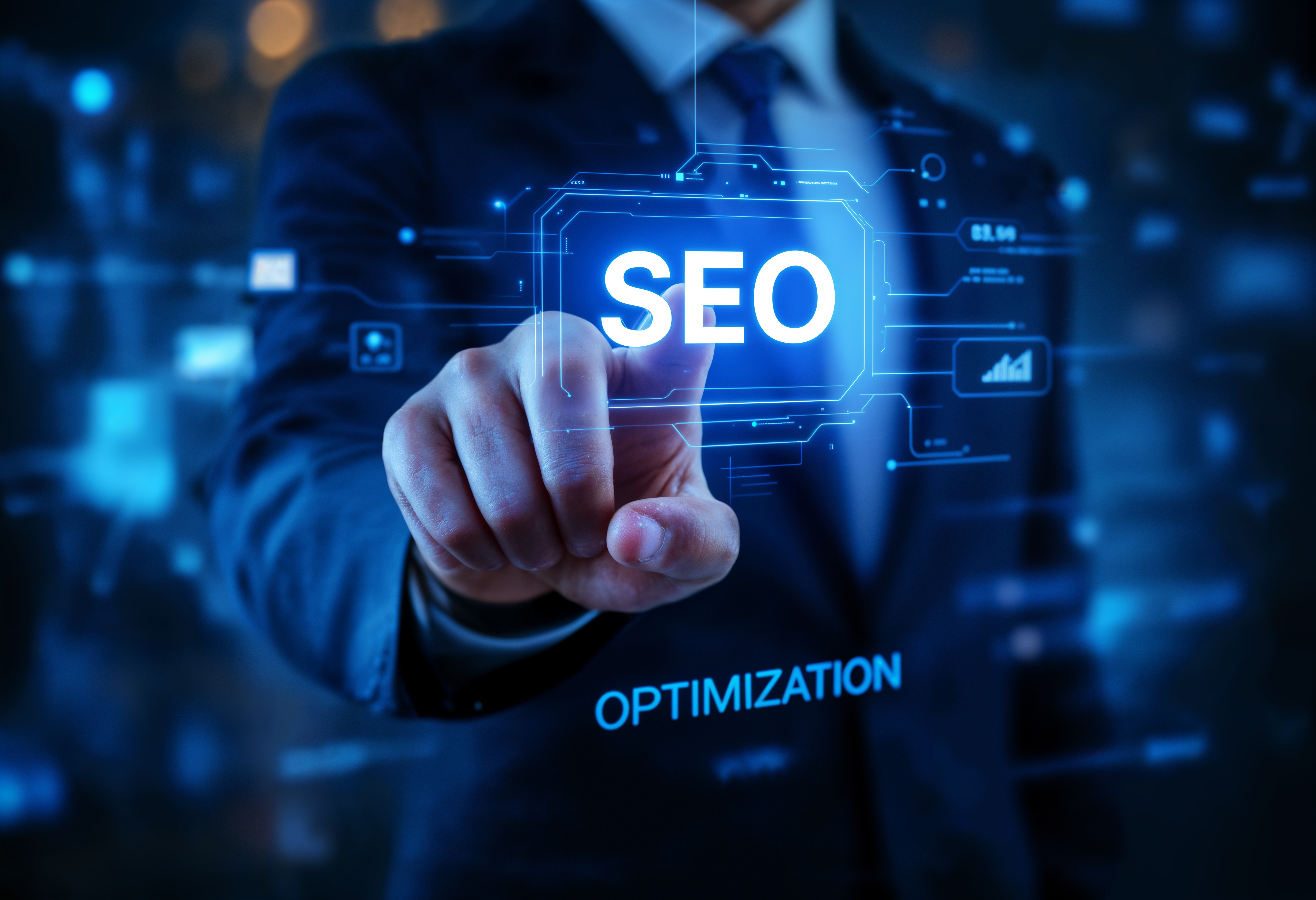 Homme d'affaires touchant icône SEO holographique.
