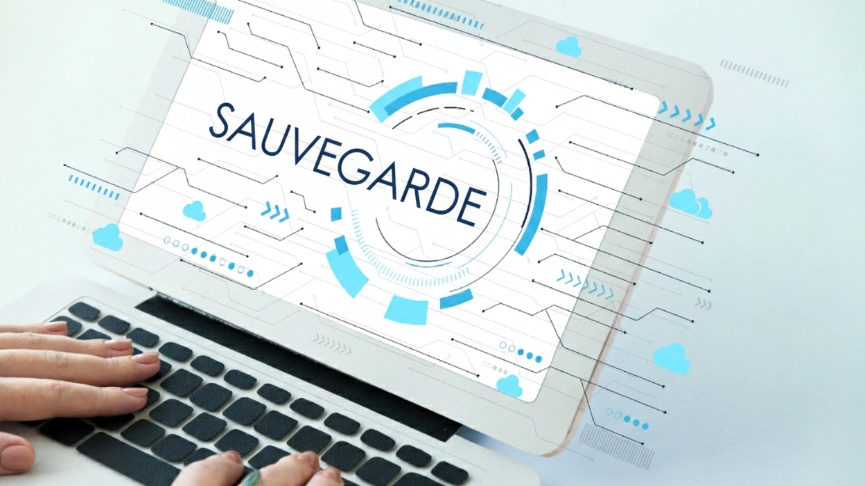 Laptop screen displaying 'SAUVEGARDE' with digital graphics