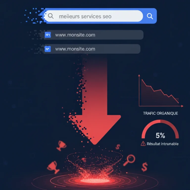 Graphique de baisse du trafic SEO avec flèche descendante