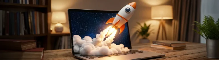Animated rocket launching from a laptop