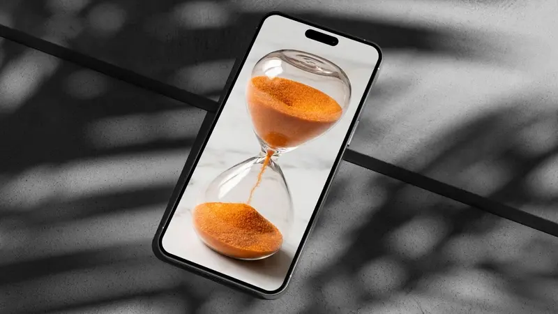 Hourglass on a phone screen, sleek shadows