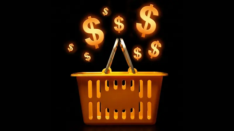 Golden basket with floating dollar symbols