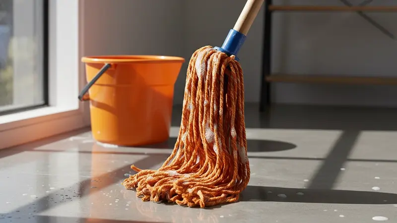 Orange bucket and mop for cleaning