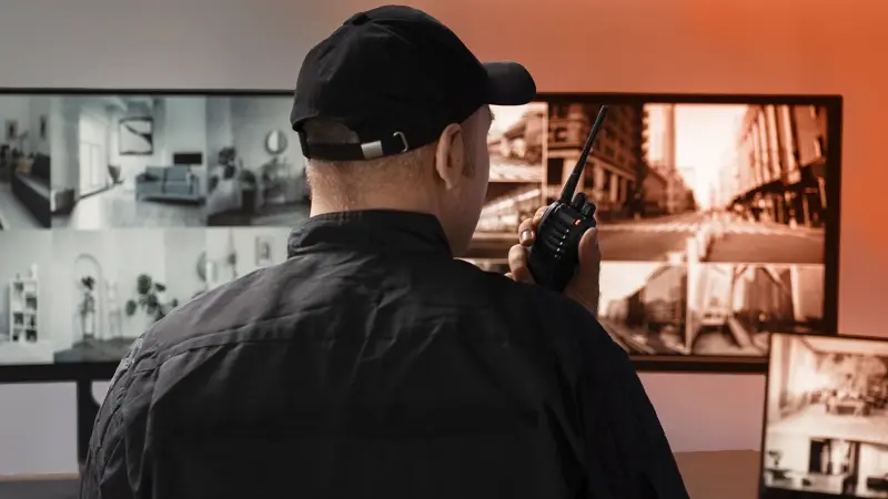 A security officer monitoring camera footage on their screens.