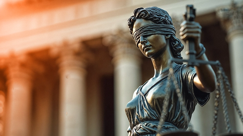 Statue of Justice in front of a courthouse