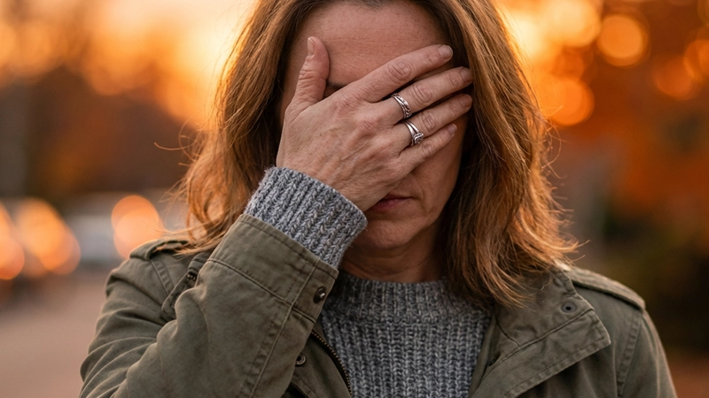Femme cache son visage avec sa main en automne