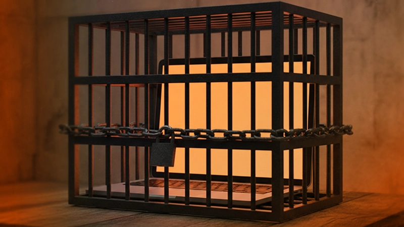 Laptop locked in a metal cage