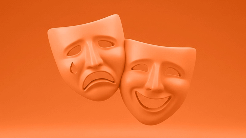 Masques de théâtre orange, triste et joyeux