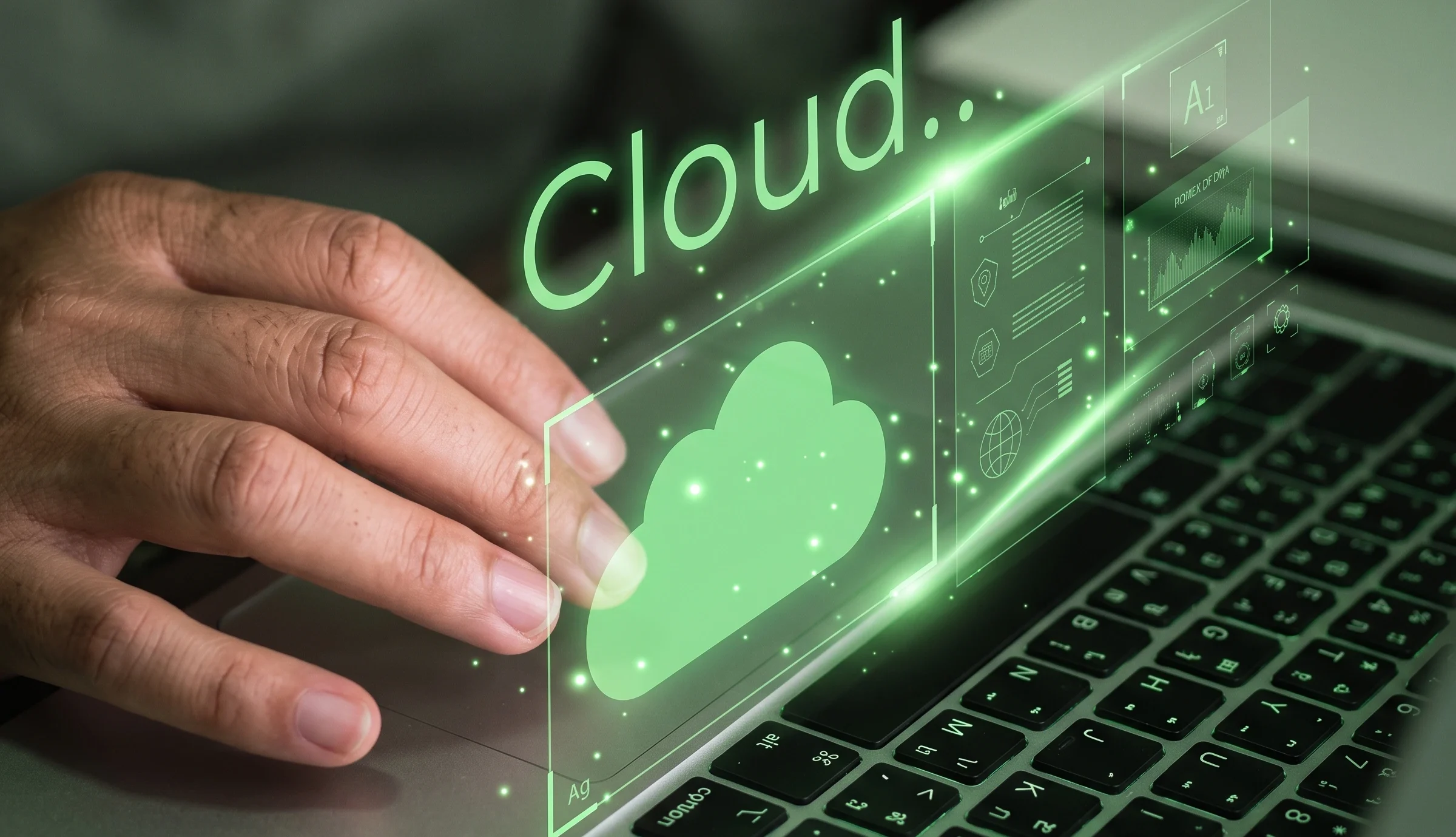 Main sur portable, projection holographique verte 'Cloud' et données.