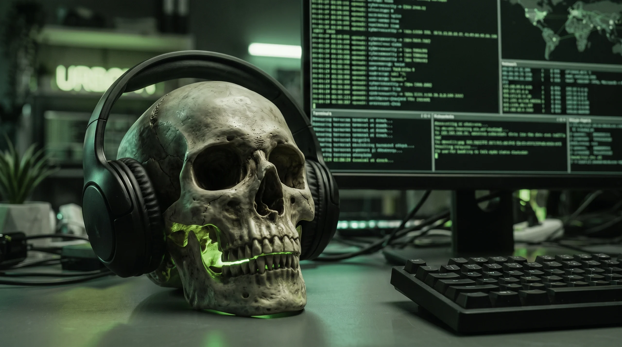 Crâne lumineux avec casque devant écran de code vert.