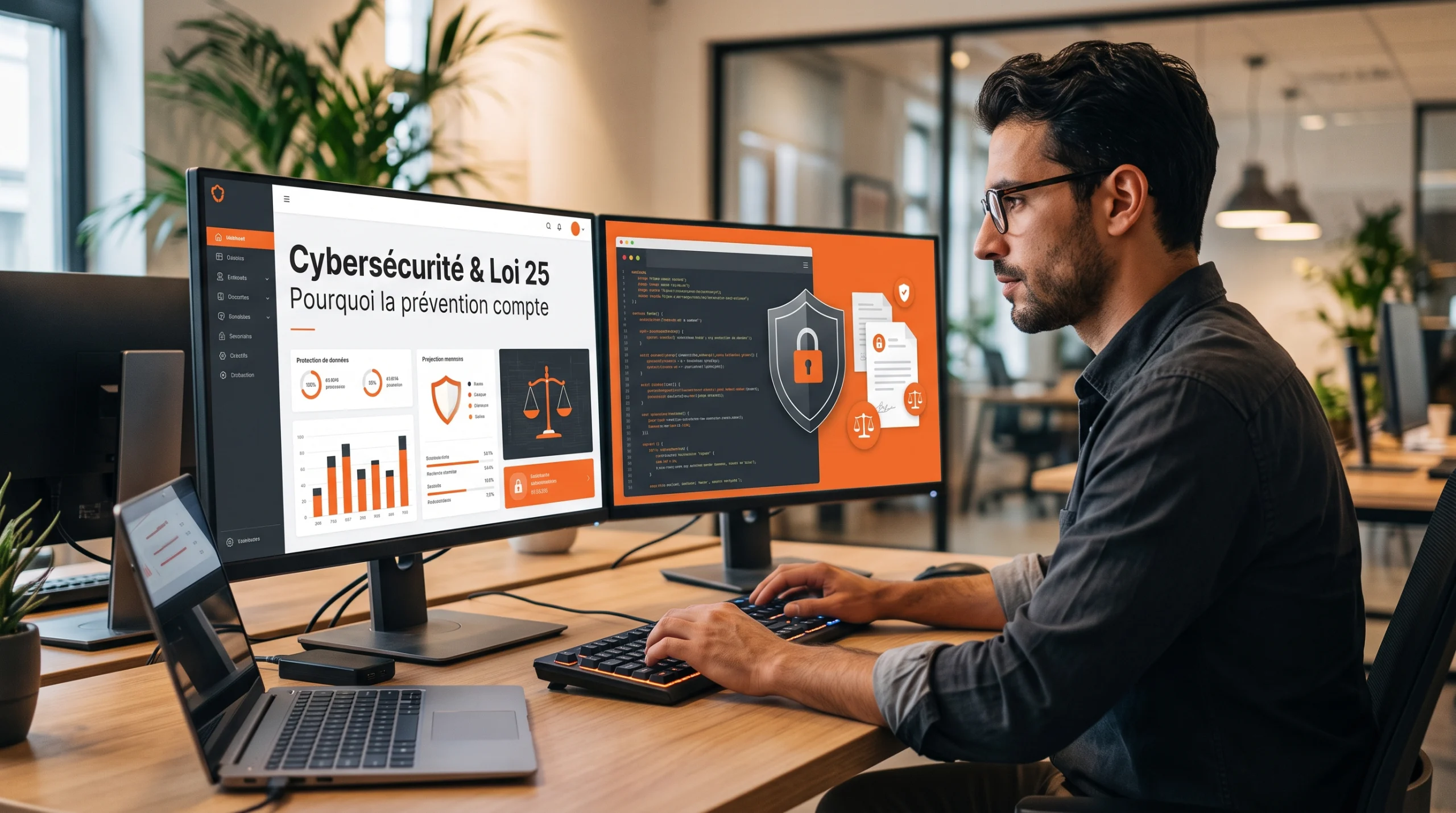 Homme analysant la cybersécurité et la Loi 25 sur deux écrans.
