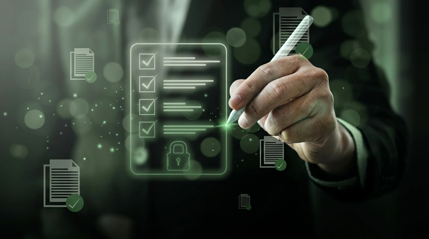 Main validant checklist numérique sécurisée, gestion documents électroniques.