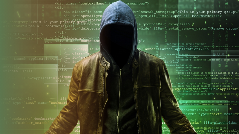 Hacker anonyme encapuchonné devant écran de code numérique vert.