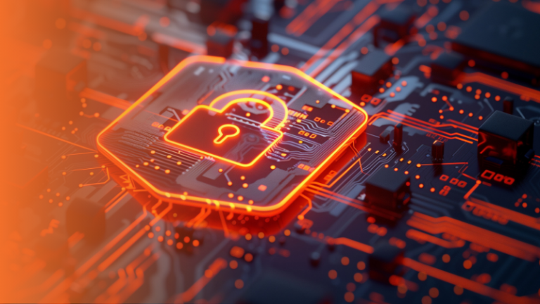 Icône de cadenas lumineux orange sur circuit imprimé. Sécurité numérique.